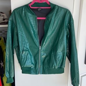 Emerald green pleather bomber jacket crocodile print